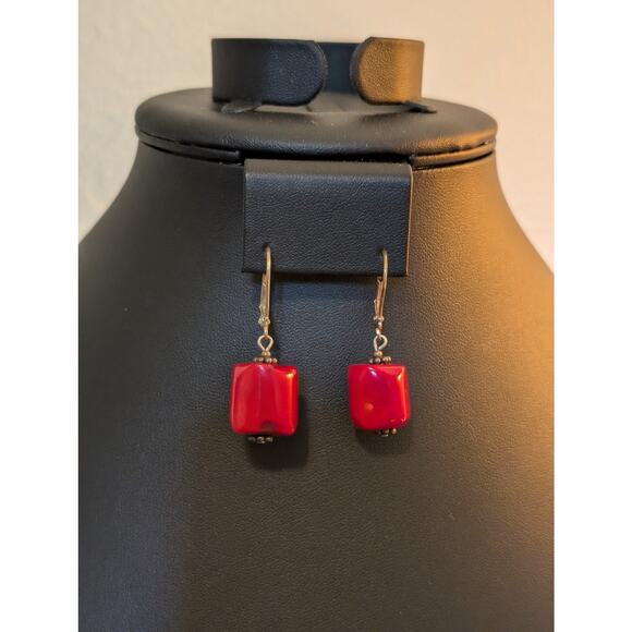 Chunky Red Coral Dangle Lever Back Earrings - Picture 4 of 4